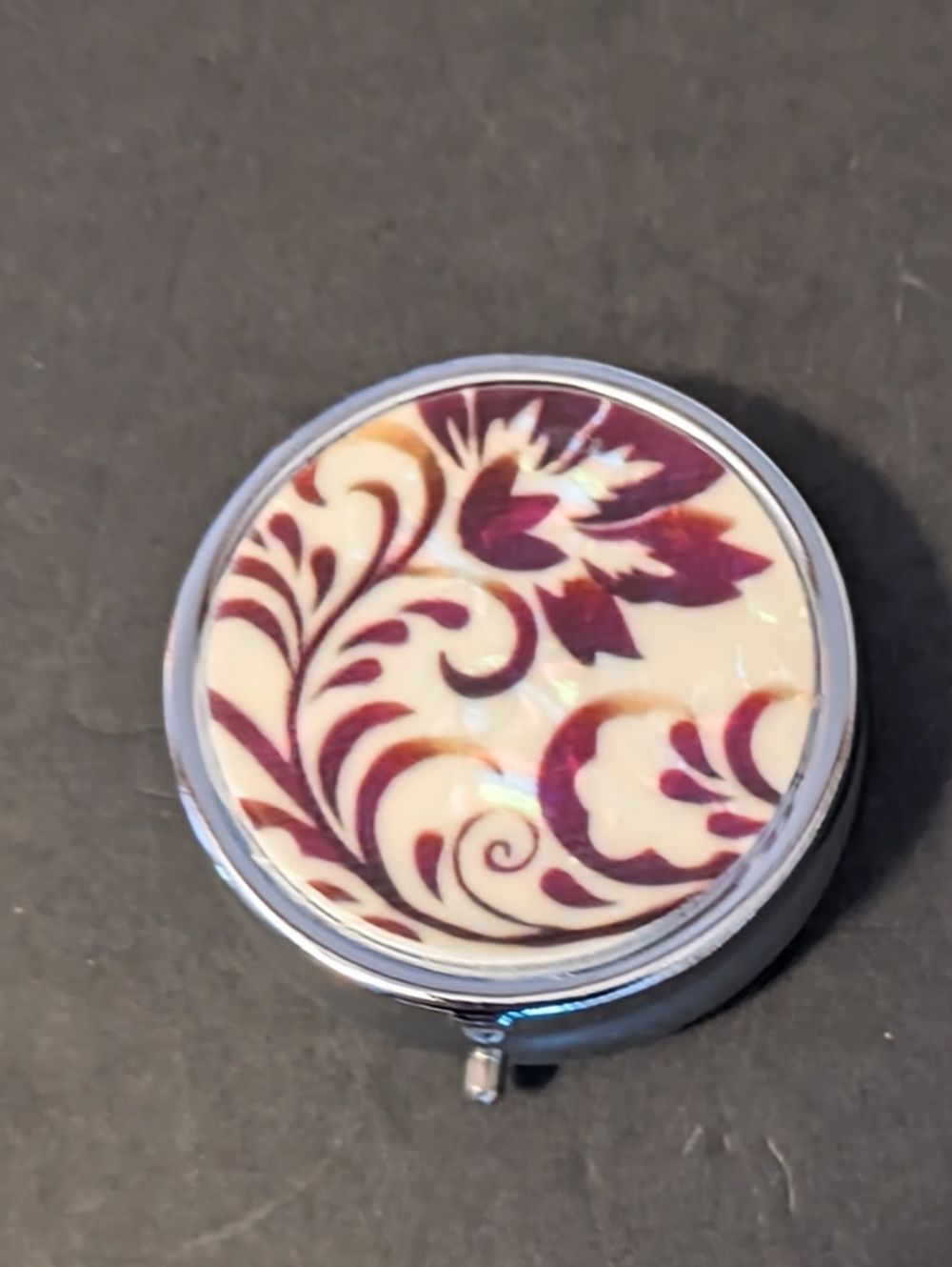 Pill Trinket Jewelry Storage Travel Box Floral Mirror Cream  Burgundy NWOT